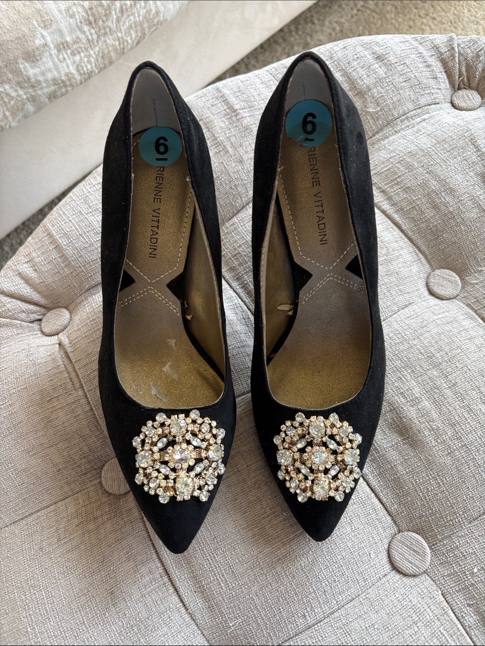 Adrienne Vittadini Black Pointed-Toe Heels with Crystal Brooch